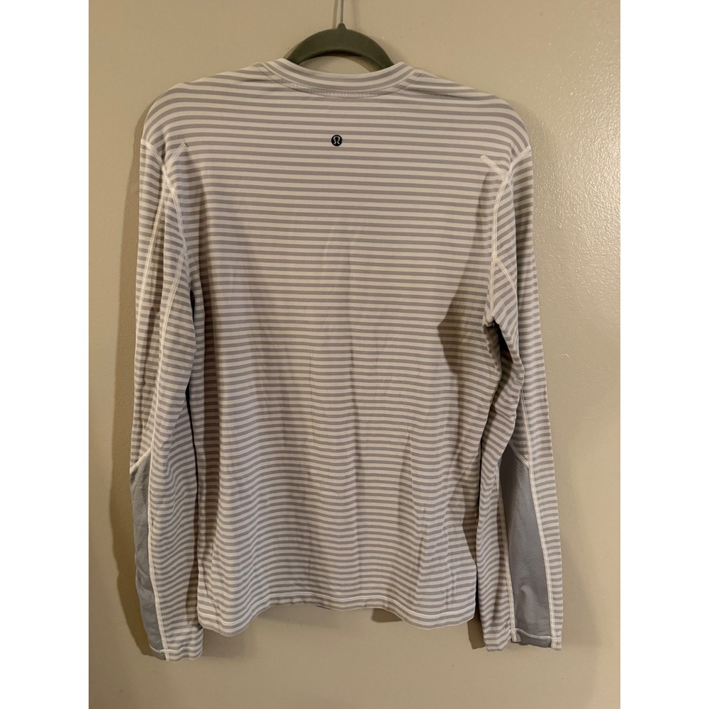 Lululemon V-Neck Long Sleeve Striped Running Top Grey White Mesh Panels - Picture 2 of 6